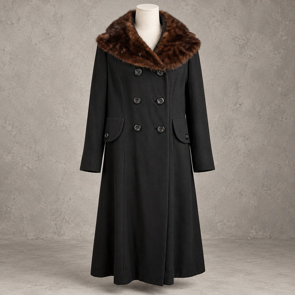 Vintage Double Breasted Coat L Black Wool Mink Fur Collar 60s Mod Tailored